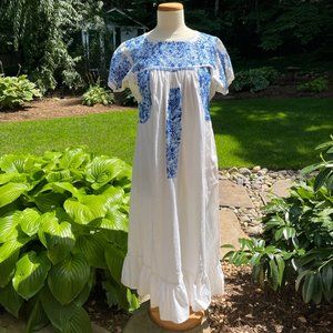Vintage White & Blue Oaxacan Mexican Hand Embroidered Huipil Maxi Dress Flowers